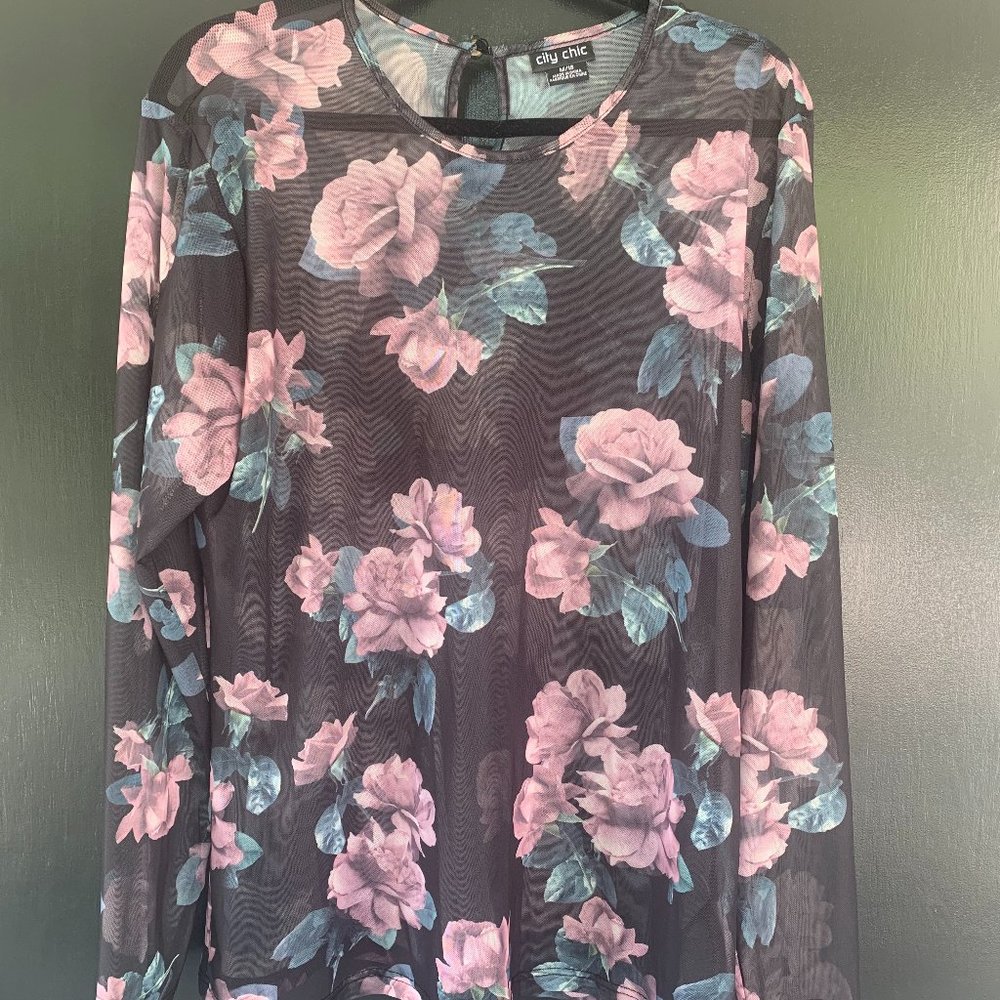 Sheer navy and floral long sleeved top